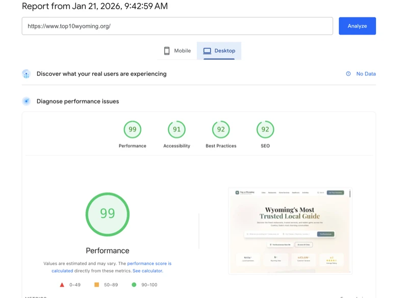PageSpeed Insights showing 99 performance score
